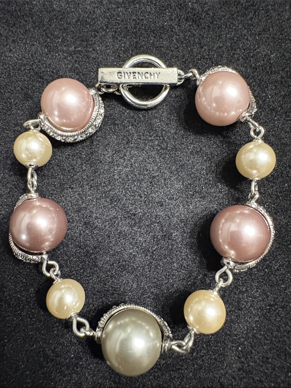 Givenchy Signed Faux Pearl & Rhinestone Bracelet - Pink, Cream, Silver Tone